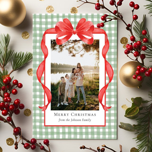 Elegant Watercolor Ribbon Gingham Holiday Card (Creator Uploaded)
