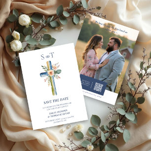 Elegant Watercolor Romantic Floral Christian Cross Save The Date