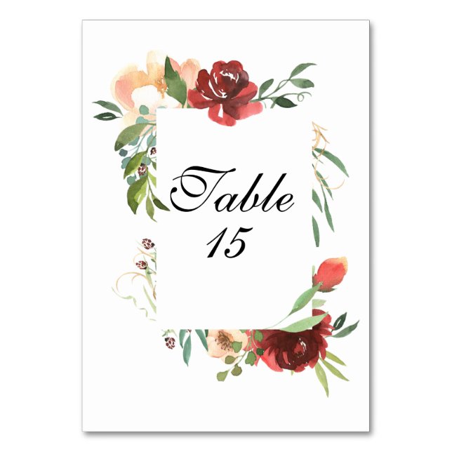 Elegant Watercolor Rose Bouquet Table Number (Front)