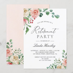 Elegant Watercolor Rose Floral Retirement Party Invitation