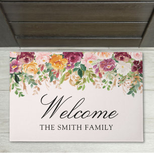 Elegant Watercolor Rose Garden Floral Welcome Doormat