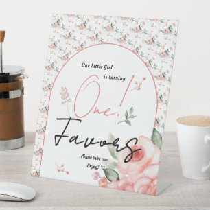 Elegant Watercolor Rose Girl 1st Birthday Favors Pedestal Sign