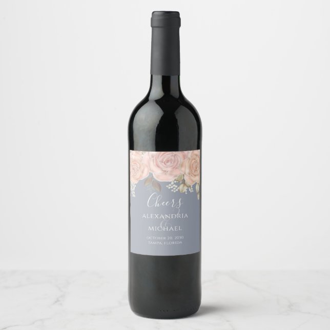 Elegant Watercolor Rose Gold Greenery Foliage Wine Label (Front)