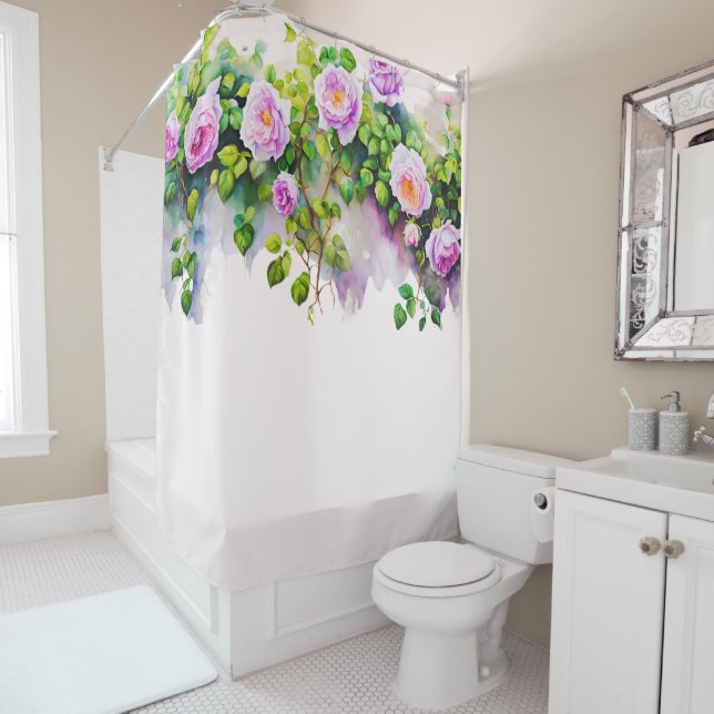 Elegant Watercolor Rose Vine Shower Curtain (In Situ)