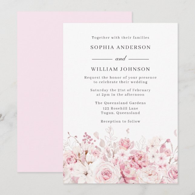 Elegant Watercolor Roses Beautiful Wedding  Invitation (Front/Back)