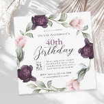 Elegant Watercolor Roses Floral 40th Birthday Invitation<br><div class="desc">A soft, luxurious 40th birthday party invitation where the focal point is a wreath of delicate watercolor roses painted in soft blush pinks and rich plum purples intertwined with sprigs of wispy greenery. These floral elements frame your text with a romantic and elegant touch. Using a blend of elegant serif...</div>