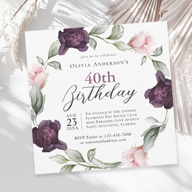 Elegant Watercolor Roses Floral 40th Birthday Invitation (Available in both printed and instant download digital formats.)