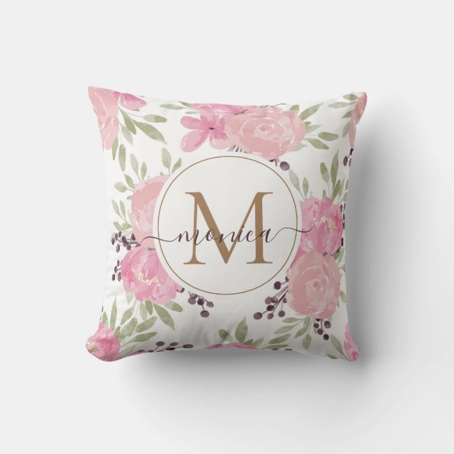 Elegant Watercolor Roses Floral Gold Monogrammed Throw Pillow (Front)