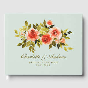 Elegant Watercolor Roses Mint Green Wedding Guest Book