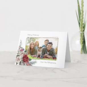 Elegant Watercolor Roses, Pine & Gold Frame Photo Holiday Card