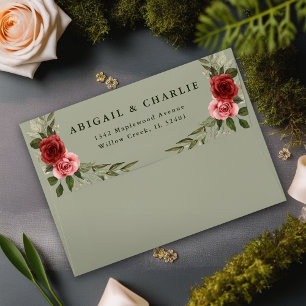 Elegant Watercolor Roses Sage Green Wedding  Envelope