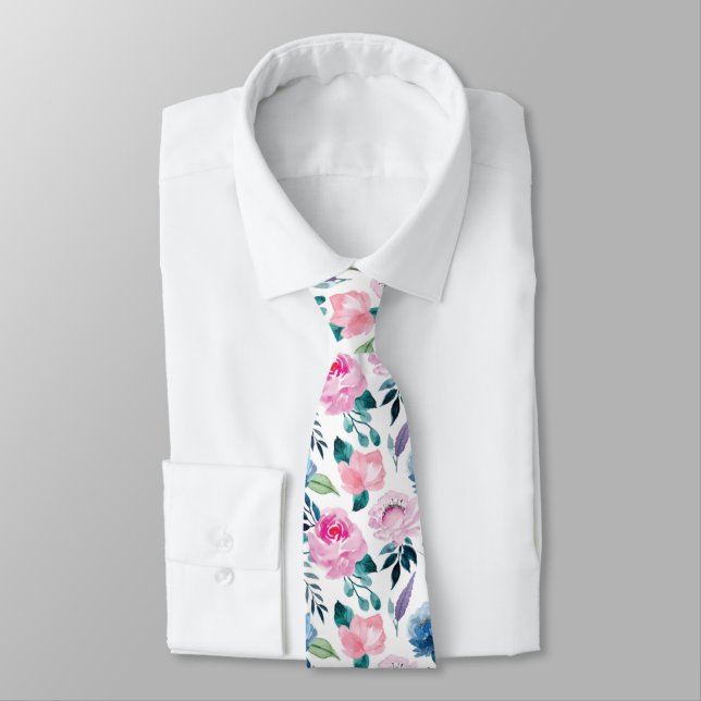 Elegant Watercolor Roses Wedding Pattern Tie (Tied)