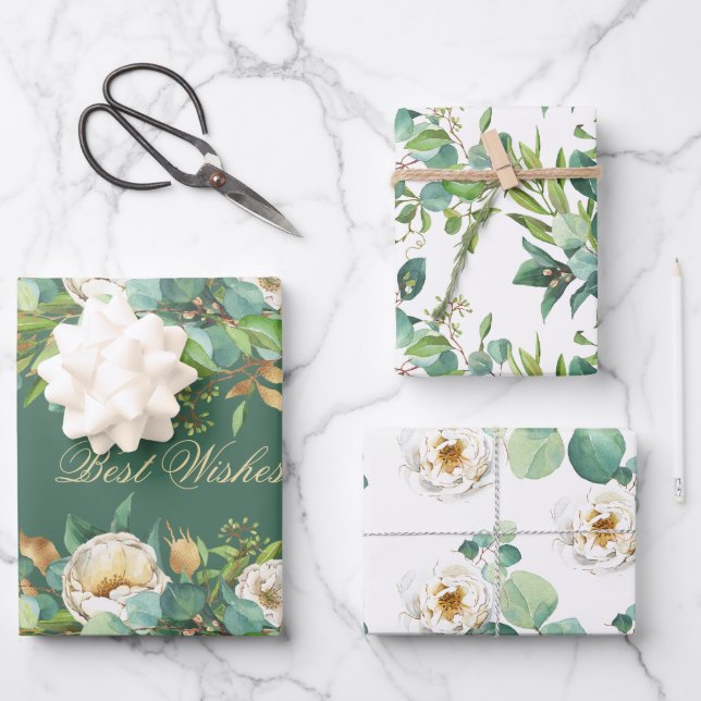 Elegant Watercolor Roses with Eucalyptus Wrapping Paper Sheet (Front)