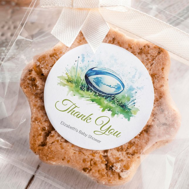 Elegant Watercolor Rugby Baby Shower Classic Round Sticker (Creator Uploaded)
