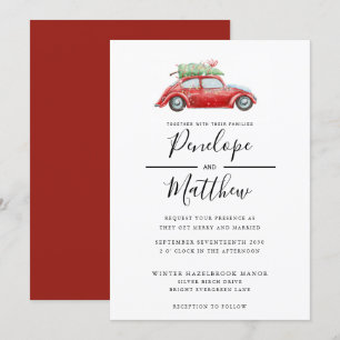 Elegant Watercolor Rustic Car Christmas Wedding Invitation
