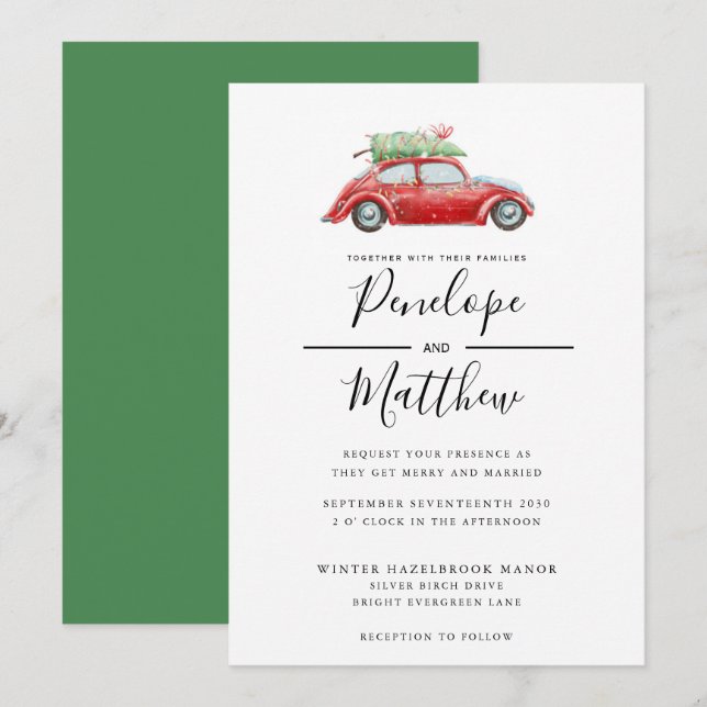Elegant Watercolor Rustic Car Christmas Wedding Invitation (Front/Back)