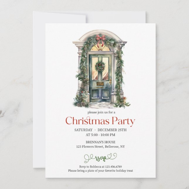 Elegant watercolor rustic green Christmas door Invitation (Front)
