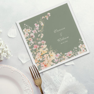 Elegant Watercolor Sage Green Wildflowers Wedding Napkin