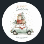 Elegant Watercolor Santa Car Snow Merry Christmas  Classic Round Sticker<br><div class="desc">Make this elegant Christmas design your own.  Ideal for Corporate Party invitation or Residential parties.</div>