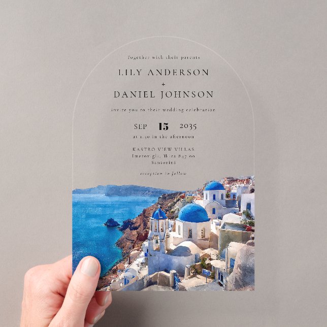 Elegant Watercolor Santorini Greece Wedding Arch Acrylic Invitations (Insitu (Handheld))