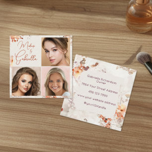 Elegant Watercolor Script 3 Photo Makeup Square Business Card