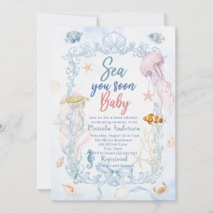 Elegant Watercolor Sea you Soon Summer Ocean Baby  Invitation