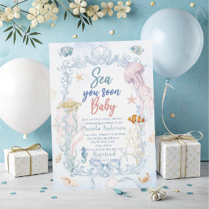 Elegant Watercolor Sea you Soon Summer Ocean Baby Invitation