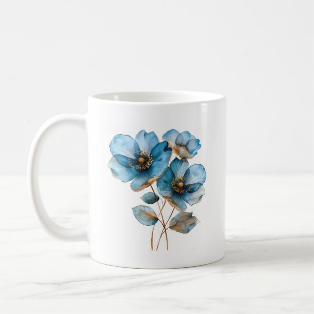 Elegant watercolor sky blue and gold flowers coffee mug (Left)