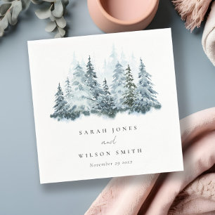 Elegant Watercolor Snow Winter Forest Pine Wedding Napkin