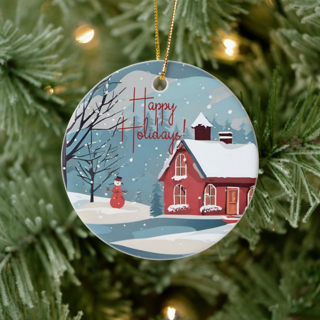 Elegant Watercolor Snowfall Festive Joy Christmas Ceramic Ornament (Tree)