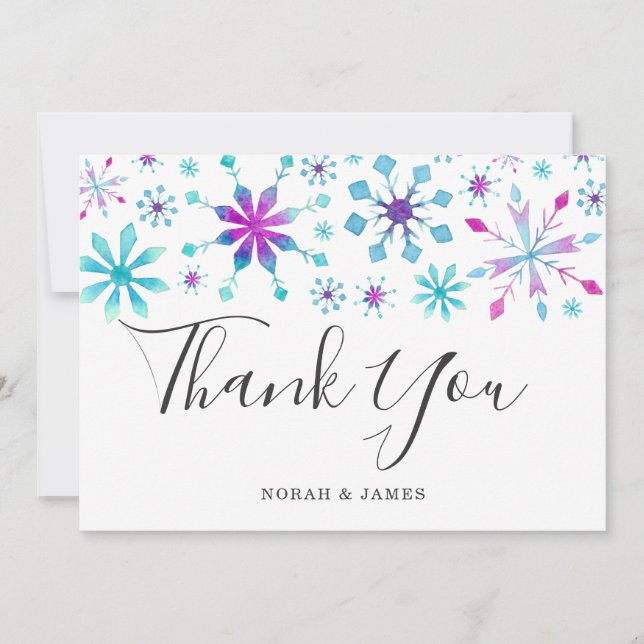 Elegant Watercolor Snowflakes Winter Wedding Thank You Card (Front)