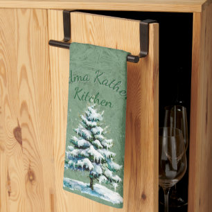Elegant Watercolor Snowy Spruce Tree Grandma Kitch Kitchen Towel