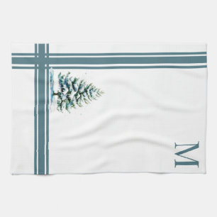 Elegant Watercolor Snowy Spruce Tree Monogrammed Kitchen Towel
