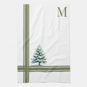 Elegant Watercolor Snowy Spruce Tree Monogrammed Kitchen Towel