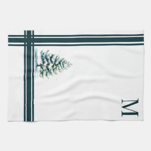 Elegant Watercolor Snowy Spruce Tree Monogrammed Kitchen Towel