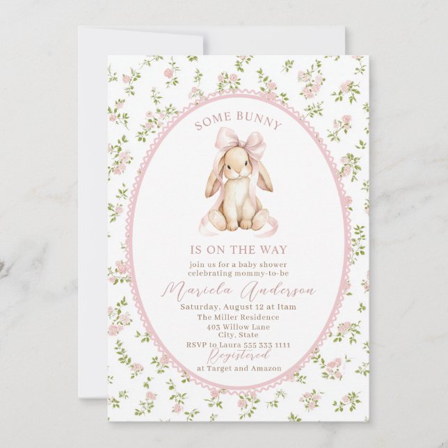 Elegant Watercolor some bunny pink bow Baby Shower Invitation (Front)