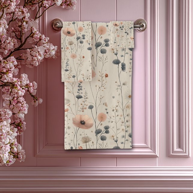 Elegant Watercolor Spring Flowers Pink Grey Bath Towel Set (Creator Uploaded)