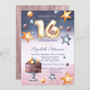 Elegant Watercolor Stars Cake Sweet 16 Invitation