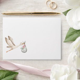 Elegant Watercolor Stork Baby Girl Pink Floral Go Envelope
