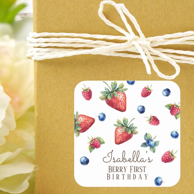 Elegant Watercolor Strawberry Berry First Birthday Square Sticker (Creator Uploaded)