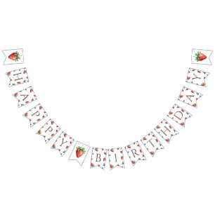 Elegant Watercolor Strawberry Berry Happy Birthday Bunting Flags