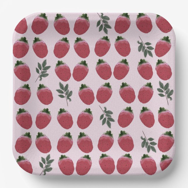 Elegant Watercolor Strawberry Birthday Paper Plate (Front)