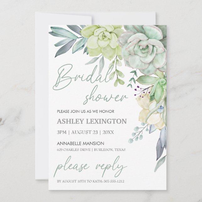 Elegant Watercolor Succulent Greenery BridalShower Invitation (Front)