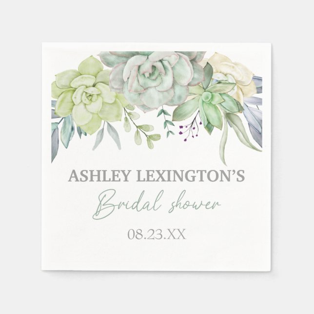 Elegant Watercolor Succulent Greenery BridalShower Napkin (Front)