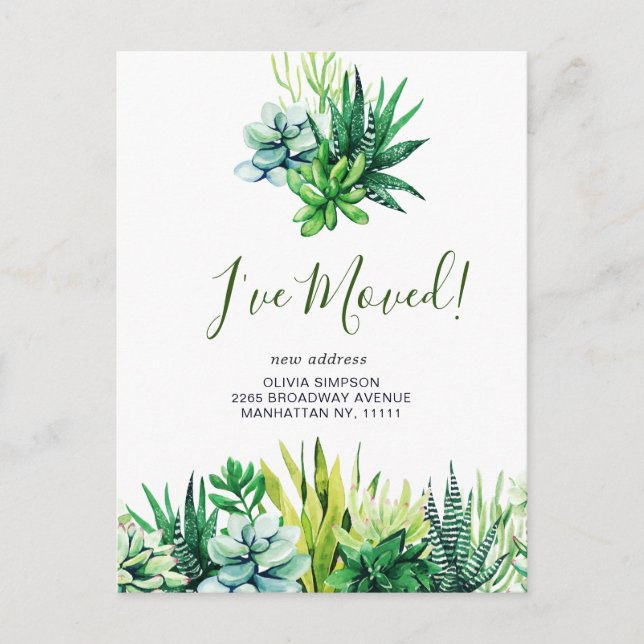Elegant Watercolor Succulent Moving Announcement Postcard (Front)