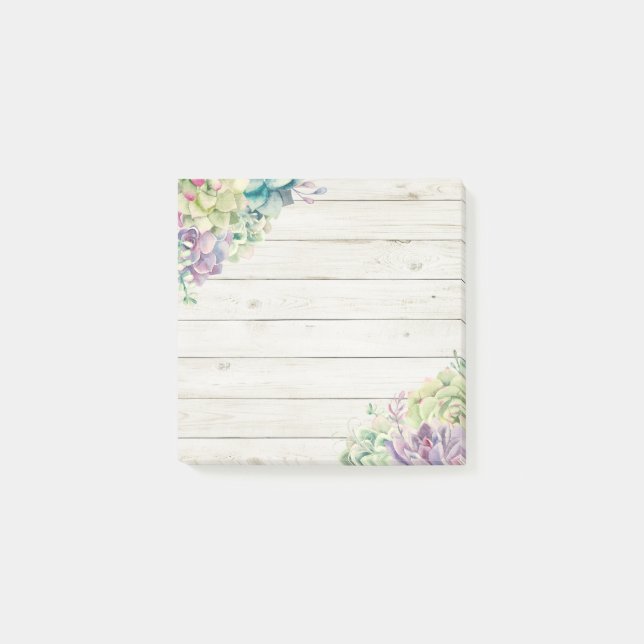 Elegant Watercolor Succulent Plants Rustic Wood Post-it Notes (Front)