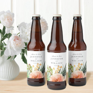 Elegant Watercolor Succulent Rose Wedding Beer Bottle Label