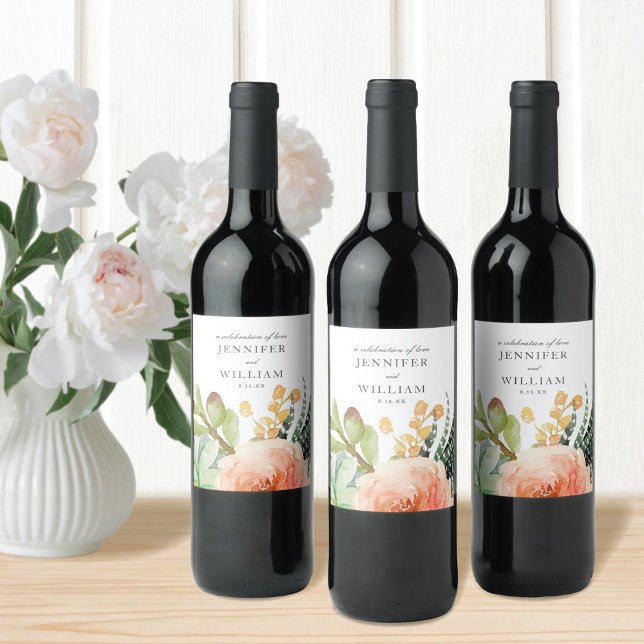 Elegant Watercolor Succulent Wreath Wedding Wine Label (Creator Uploaded)