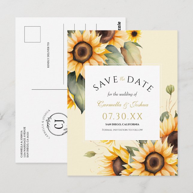 Elegant Watercolor Sunflower Boho Save The Date Postcard (Front/Back)