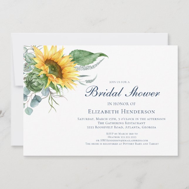 Elegant Watercolor Sunflower Bridal Shower Invitation (Front)